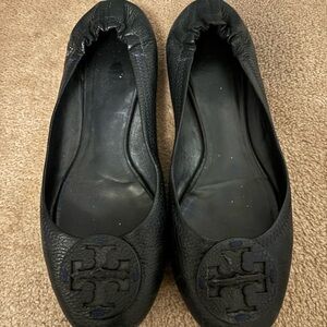 Tory Burch Black Leather Logo Ballet Flats